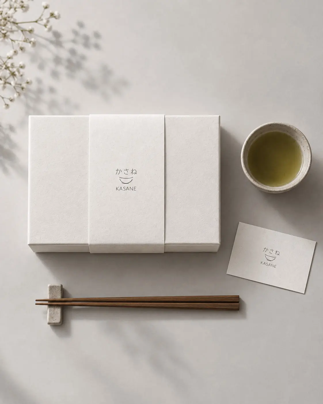 Partly wrapped KASANE bento with an illustrated paper seal